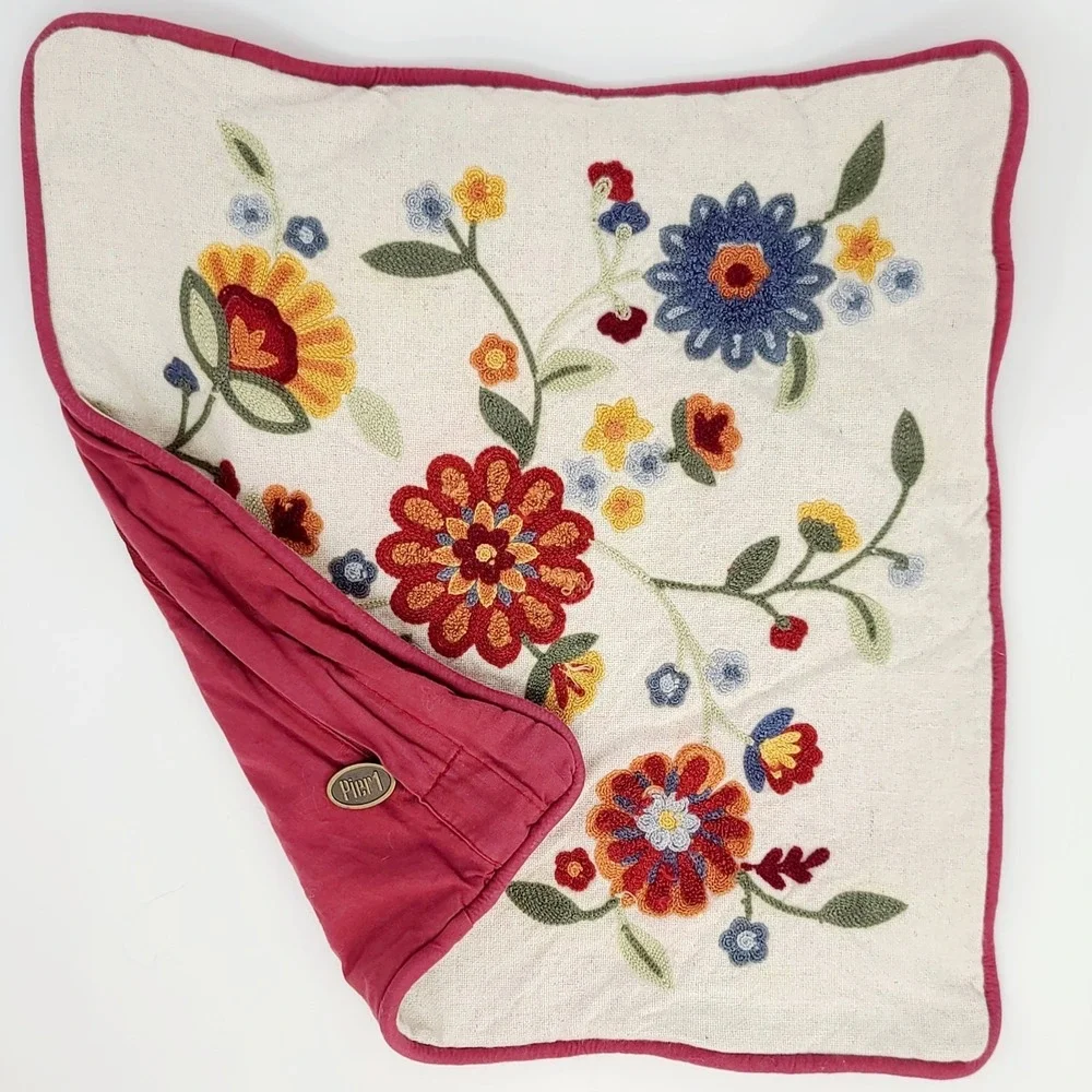 Pier 1 Floral Embroidered Throw Pillow Cover 13x13 Pink Boho Cottagecore